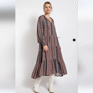 New! Easel Paisley Printed Long Sleeve Gauze Maxi Dress M